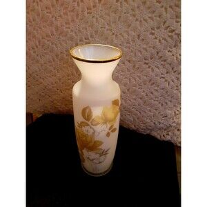 Vintage Milk Glass Vase With Beautiful Floral design and gold trim